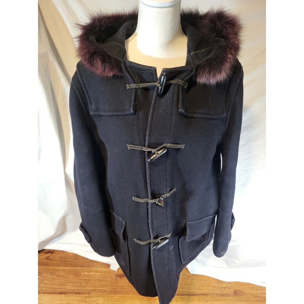 Vtge Melbourne Made In England Navy Blue Toggle Purple Fur Trim‎ Peacoat Size M?